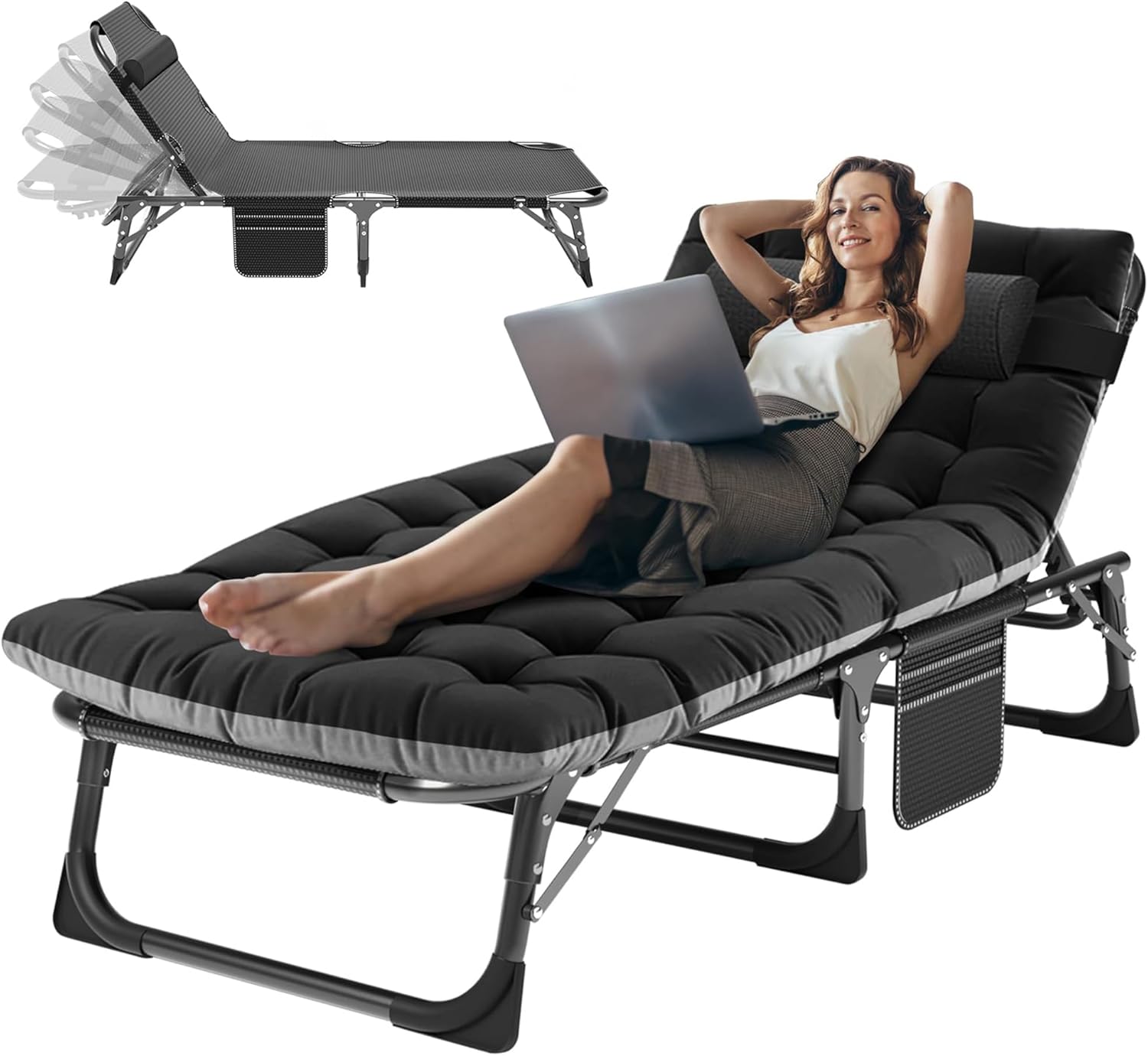 3-in-1 Padded Folding Lounge Chair, 440LB Adjustable Recliner Guest Bed for Patio Camping Office