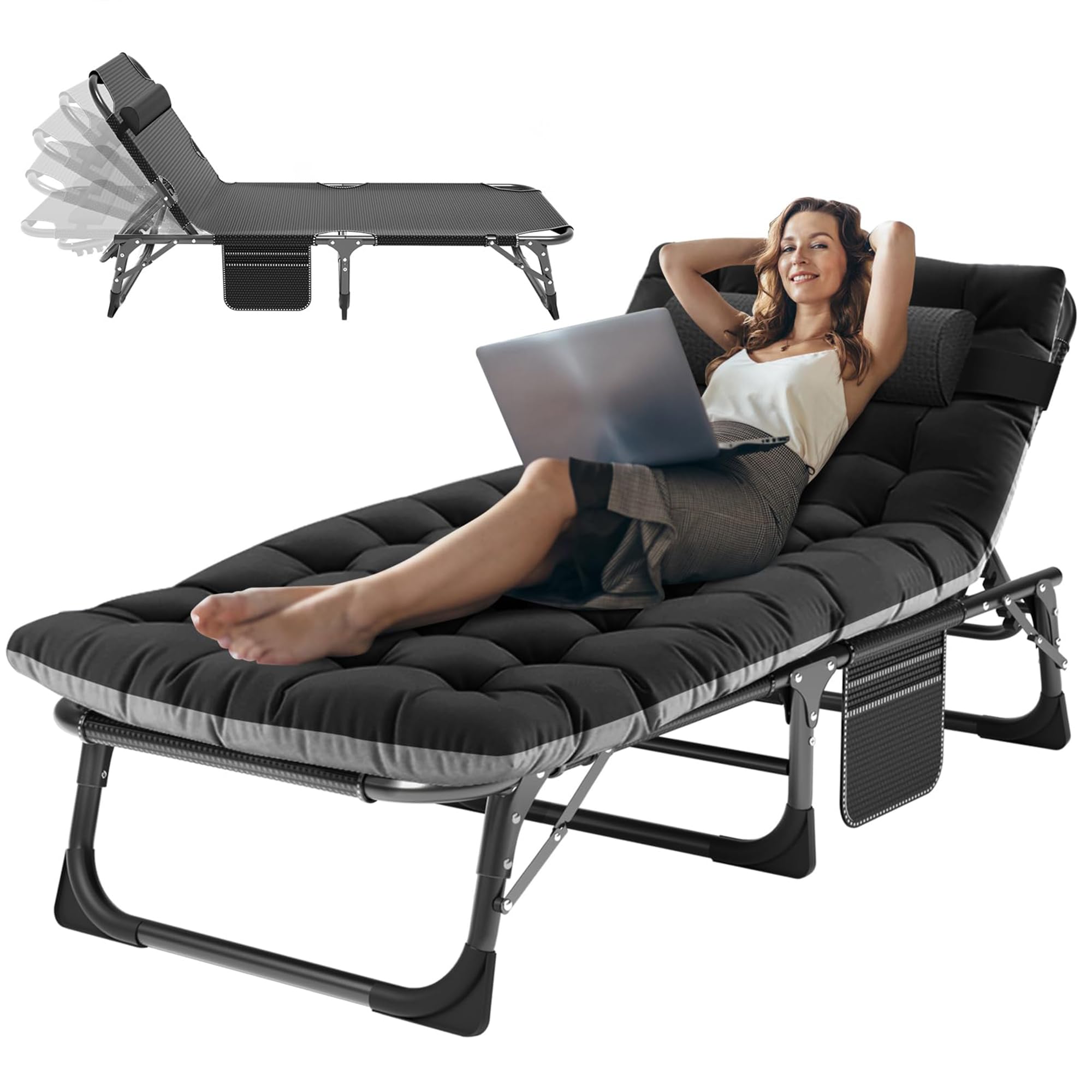 3-in-1 Padded Folding Lounge Chair, 440LB Adjustable Recliner Guest Bed for Patio Camping Office