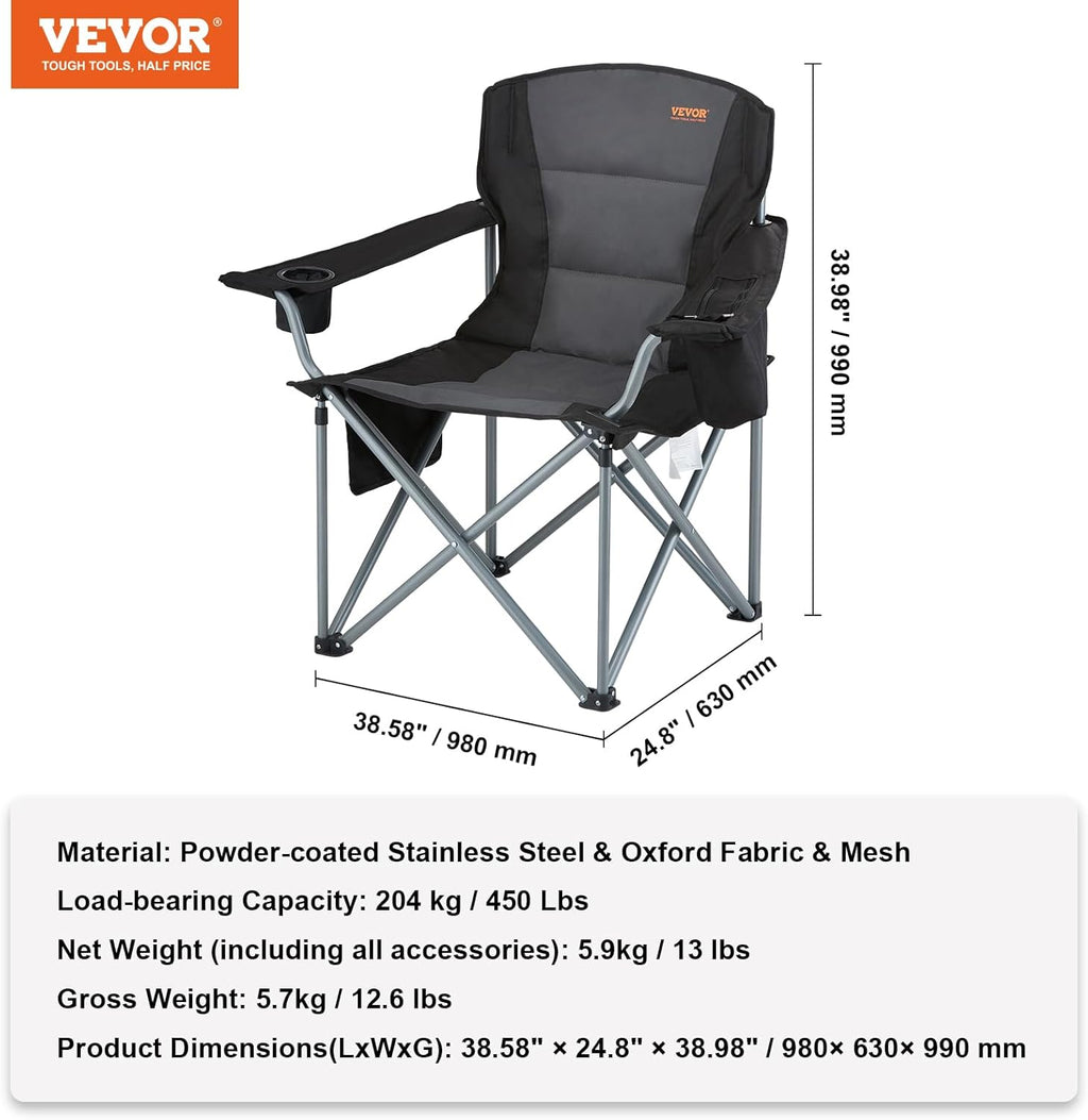 VEVOR Oversized Camping Folding Chair, Portable Heavy Duty Outdoor Quad Lumbar Back Padded with Side Pockets, Cup Holder and Cooler Bag for Beach, Lawn, Picnic, Fishing, Backpacking, Black