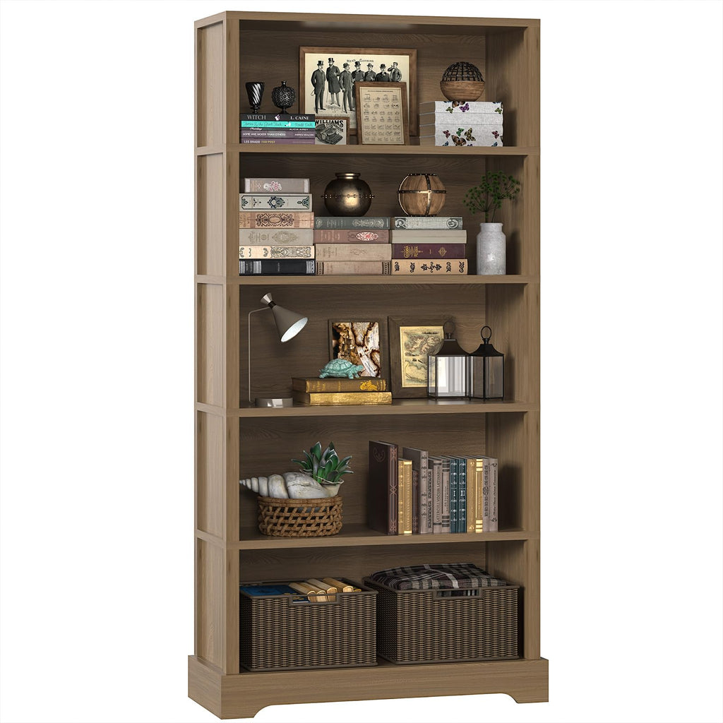 TVU 5-Tier Solid Wood Book Shelf, Floor Standing Bookcase, 65" H × 31.5" W × 11.8" D Bookshelf, Farmhouse Style Book Case with Arched Base, Suitable for Living Room, Study, Office, Walnut