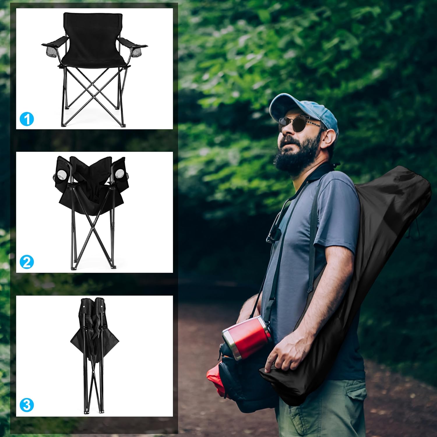 HaSteeL Foldable Camping Chair Set of 2, Folding Camp Chairs for Adults, Large Portable Lawn Chair for Outdoors Fishing, Hiking, Travel, Picnic, Beach, Supports 275lbs & Include Storage Bags (Black)