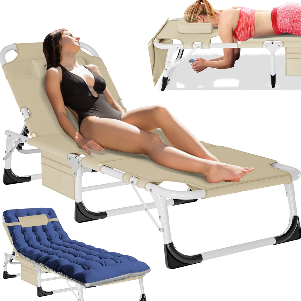 5-Position Folding Chaise Lounge Chair, Portable Outdoor Recliner for Beach Pool Patio