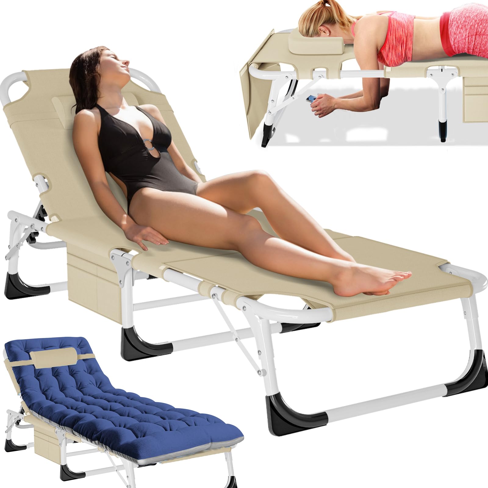 5-Position Folding Chaise Lounge Chair, Portable Outdoor Recliner for Beach Pool Patio