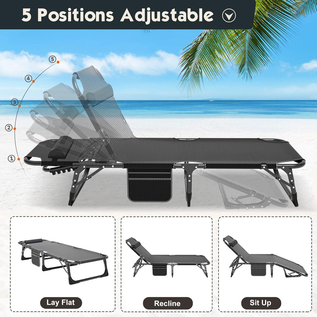 5-Position Folding Chaise Lounge Chair, Portable Outdoor Recliner for Beach Pool Patio
