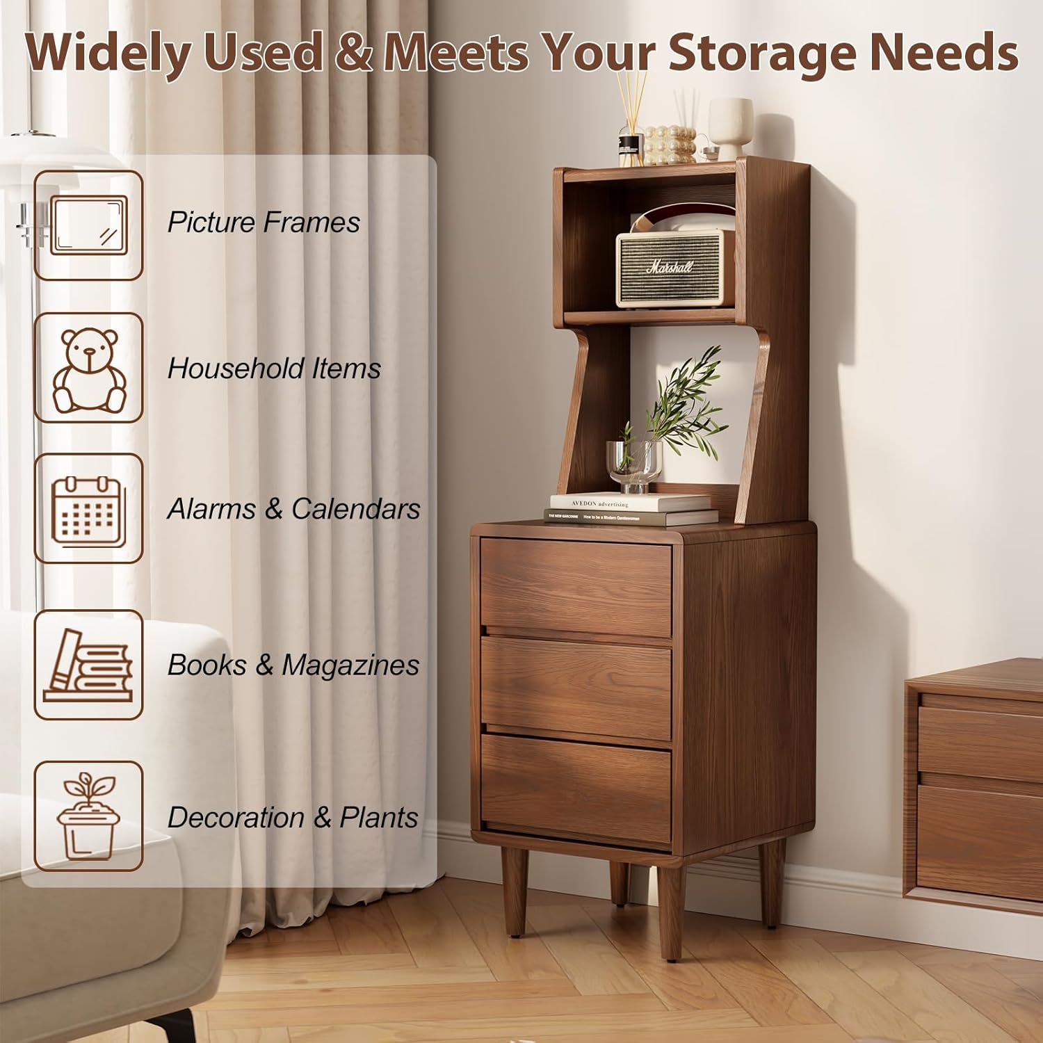 Solid Wood Bookshelf with Drawers,Narrow bookcase with Storage Shelves,Tall Nightstand with Drawers,Mid Century Modern Nightstand,Open Shelf Bookcase,Small Book Shelf for Bedroom,Living Room,Offices
