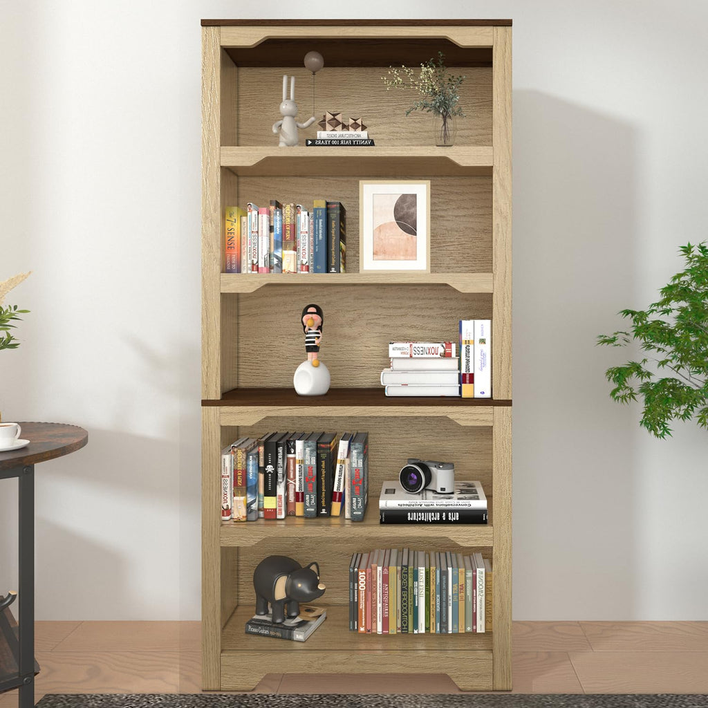 5-Tier Open Bookshelf, Modern Floor-Standing Wood Bookcase in White Oak Finish, Eco-Friendly Malacca Board Storage Display Shelves for Living Room and Home Office