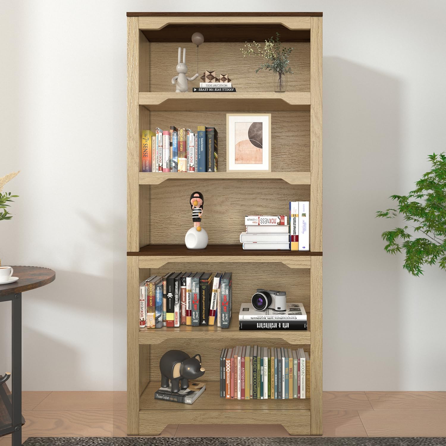 5-Tier Open Bookshelf, Modern Floor-Standing Wood Bookcase in White Oak Finish, Eco-Friendly Malacca Board Storage Display Shelves for Living Room and Home Office