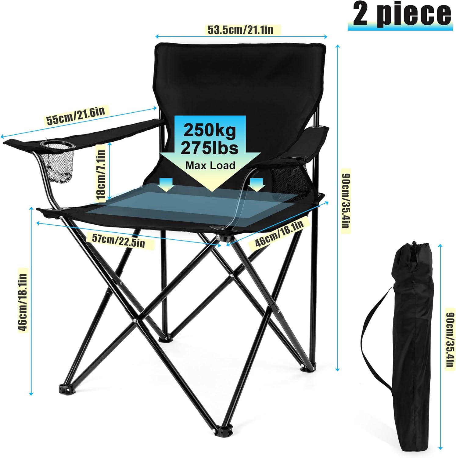 HaSteeL Foldable Camping Chair Set of 2, Folding Camp Chairs for Adults, Large Portable Lawn Chair for Outdoors Fishing, Hiking, Travel, Picnic, Beach, Supports 275lbs & Include Storage Bags (Black)