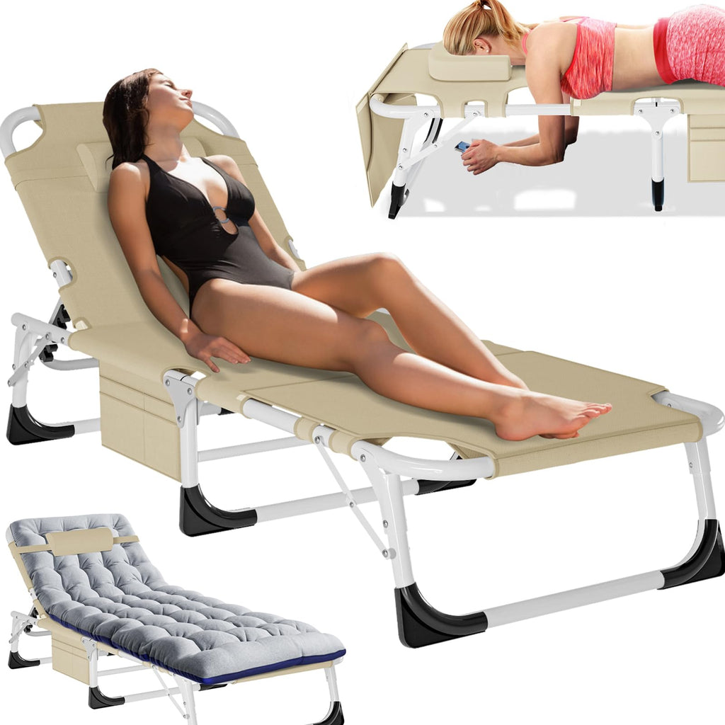 5-Position Folding Chaise Lounge Chair, Portable Outdoor Recliner for Beach Pool Patio