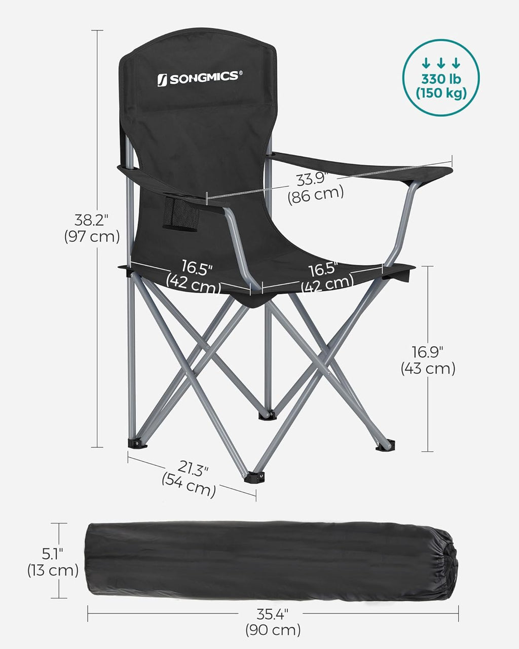 SONGMICS 2 Pack Folding Camping Chairs, 330 lb Capacity Folding Lawn Chairs, with Cup Holder, Heavy Duty Structure, for Garden, Fishing, Terrace, Black UGCB08BK