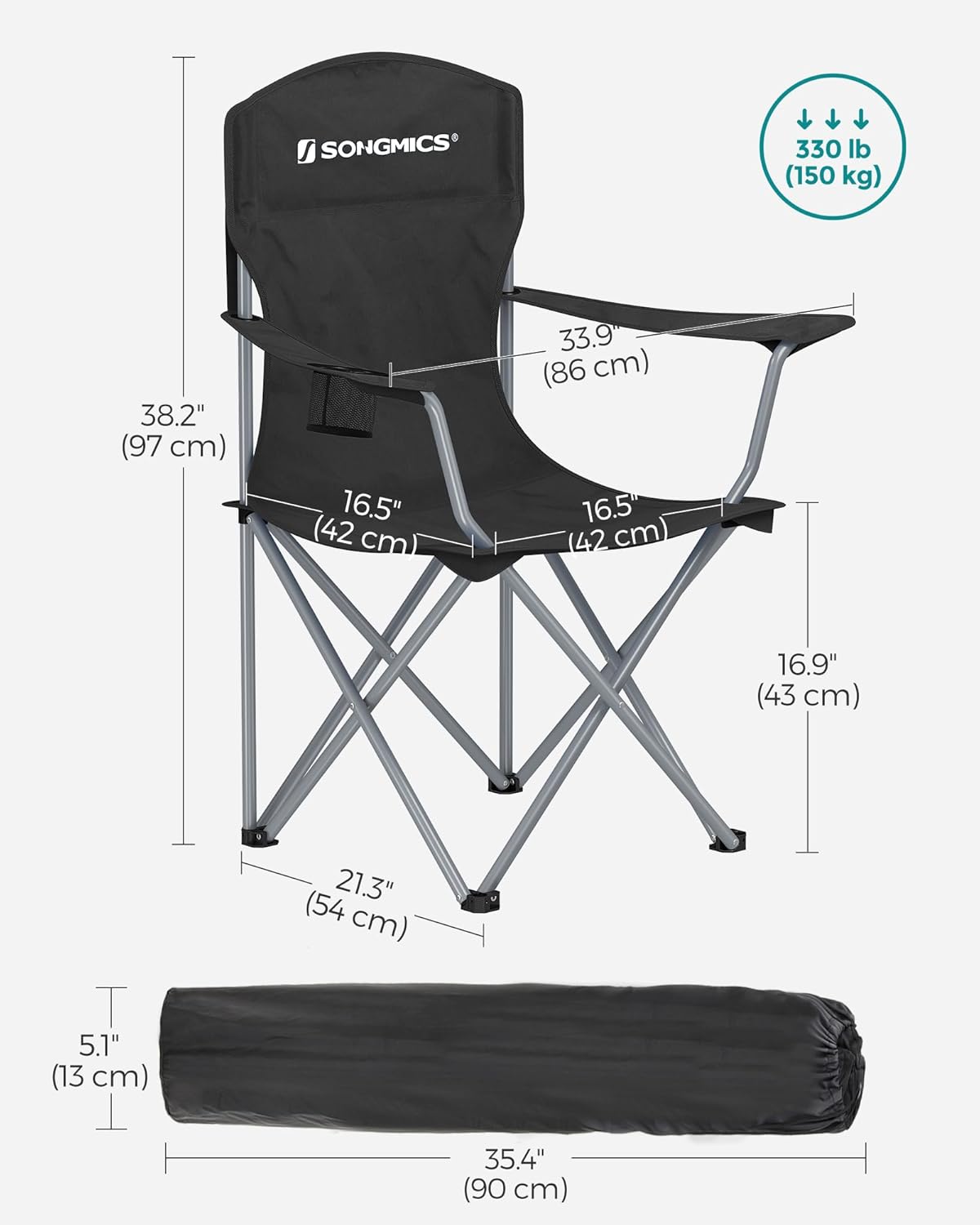 SONGMICS 2 Pack Folding Camping Chairs, 330 lb Capacity Folding Lawn Chairs, with Cup Holder, Heavy Duty Structure, for Garden, Fishing, Terrace, Black UGCB08BK
