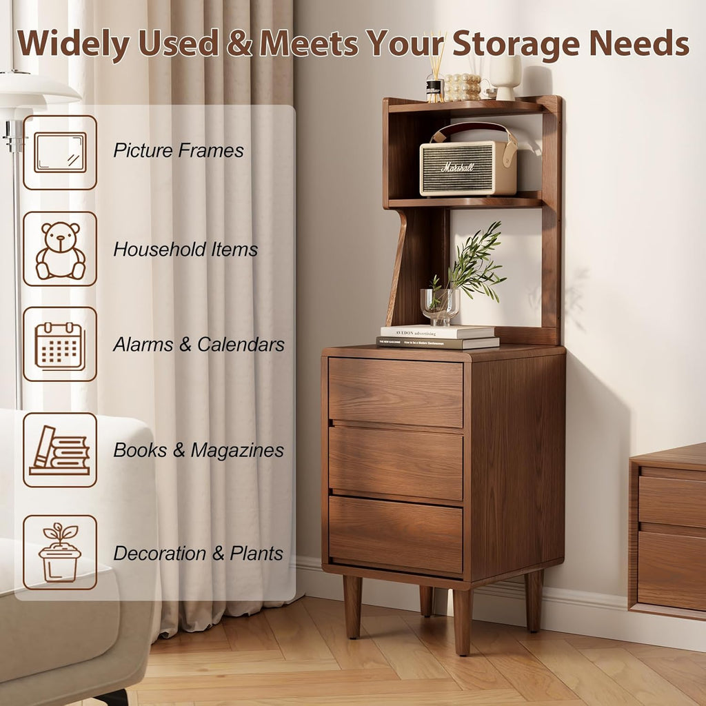 Solid Wood Bookshelf with Drawers,Narrow bookcase with Storage Shelves,Tall Nightstand with Drawers,Mid Century Modern Nightstand,Open Shelf Bookcase,Small Book Shelf for Bedroom,Living Room,Offices