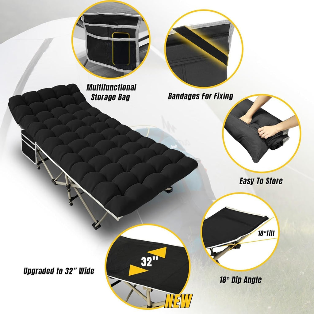 YELLOW JACKET Camping Cot for Adults, Upgraded 32" Wide Portable Cot Bed with Mattress, Foldable Padded Sleeping Cots for Camping Travel Tent Day Bed Outdoor & Home Guest, Max Load 600lbs