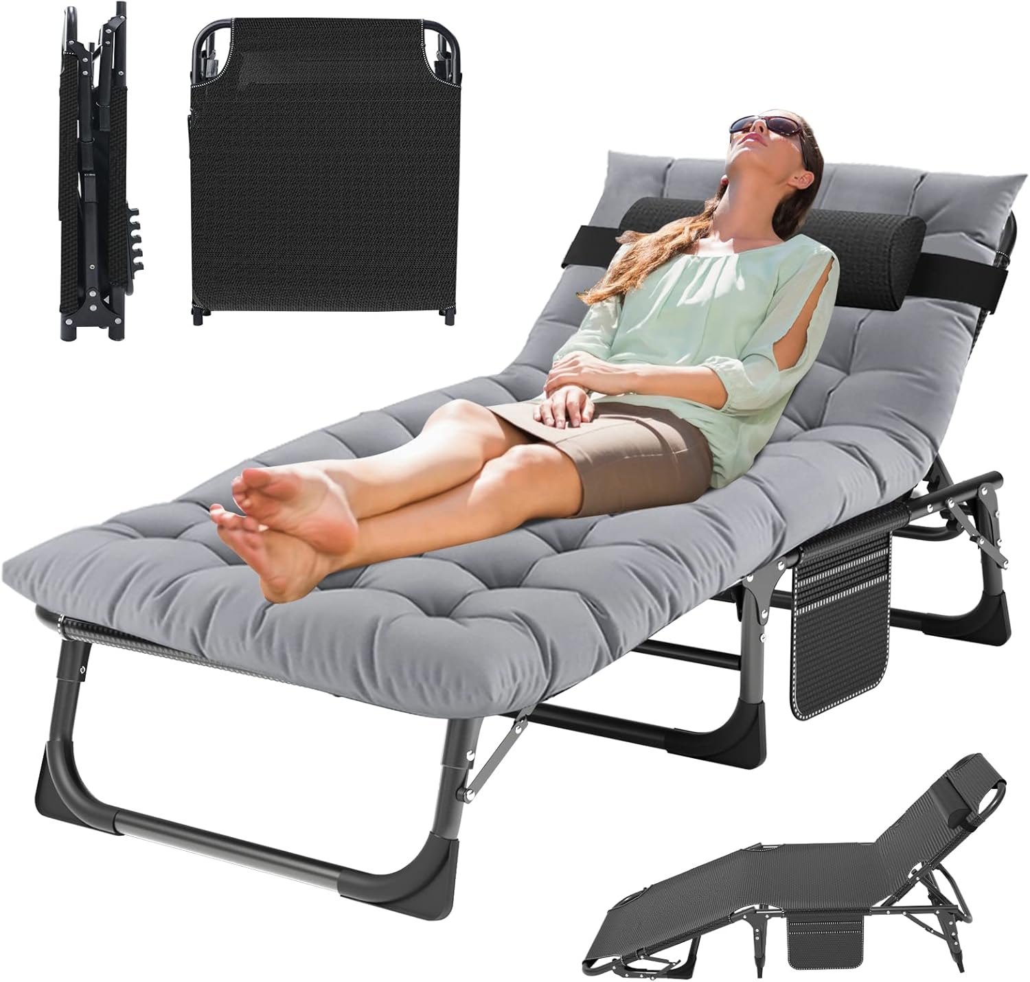 5-Position Folding Chaise Lounge Chair, Portable Outdoor Recliner for Beach Pool Patio