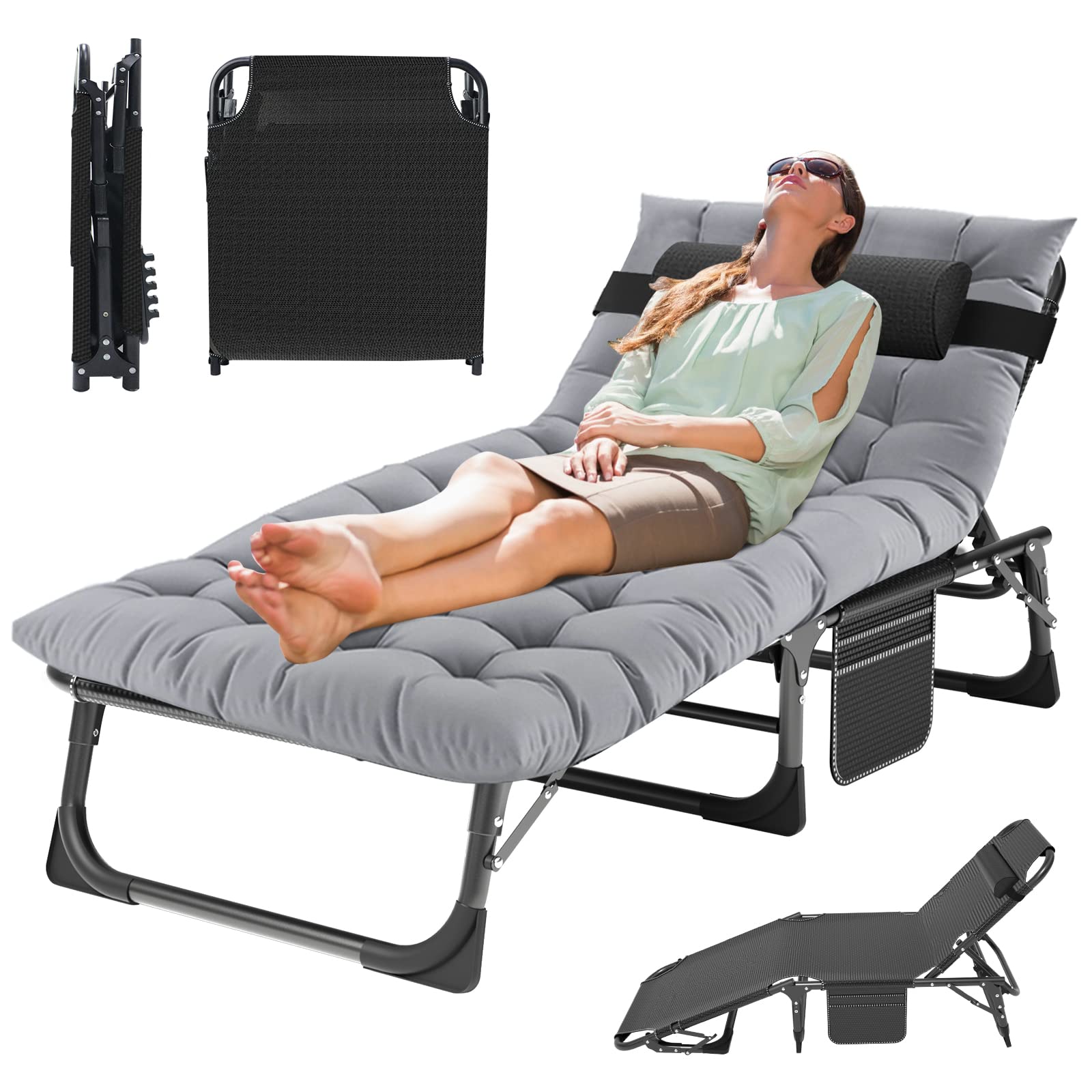 5-Position Folding Chaise Lounge Chair, Portable Outdoor Recliner for Beach Pool Patio