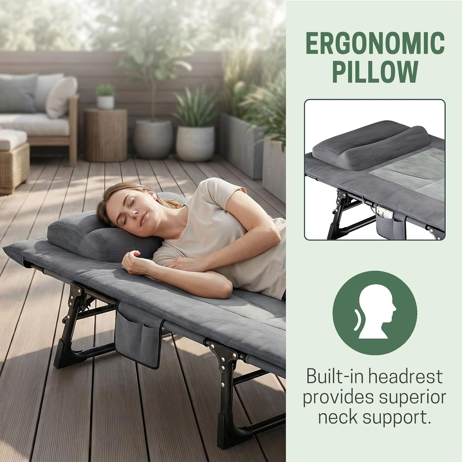 Mopaicot Folding Camping Cot for Adults, Adjustable 4-Position Reclining Chair with Mattress and Pillow, Lounge Chair Camp Cots Bed for Sleeping, Travel, Garden, Pool, or Office Nap (Gray)