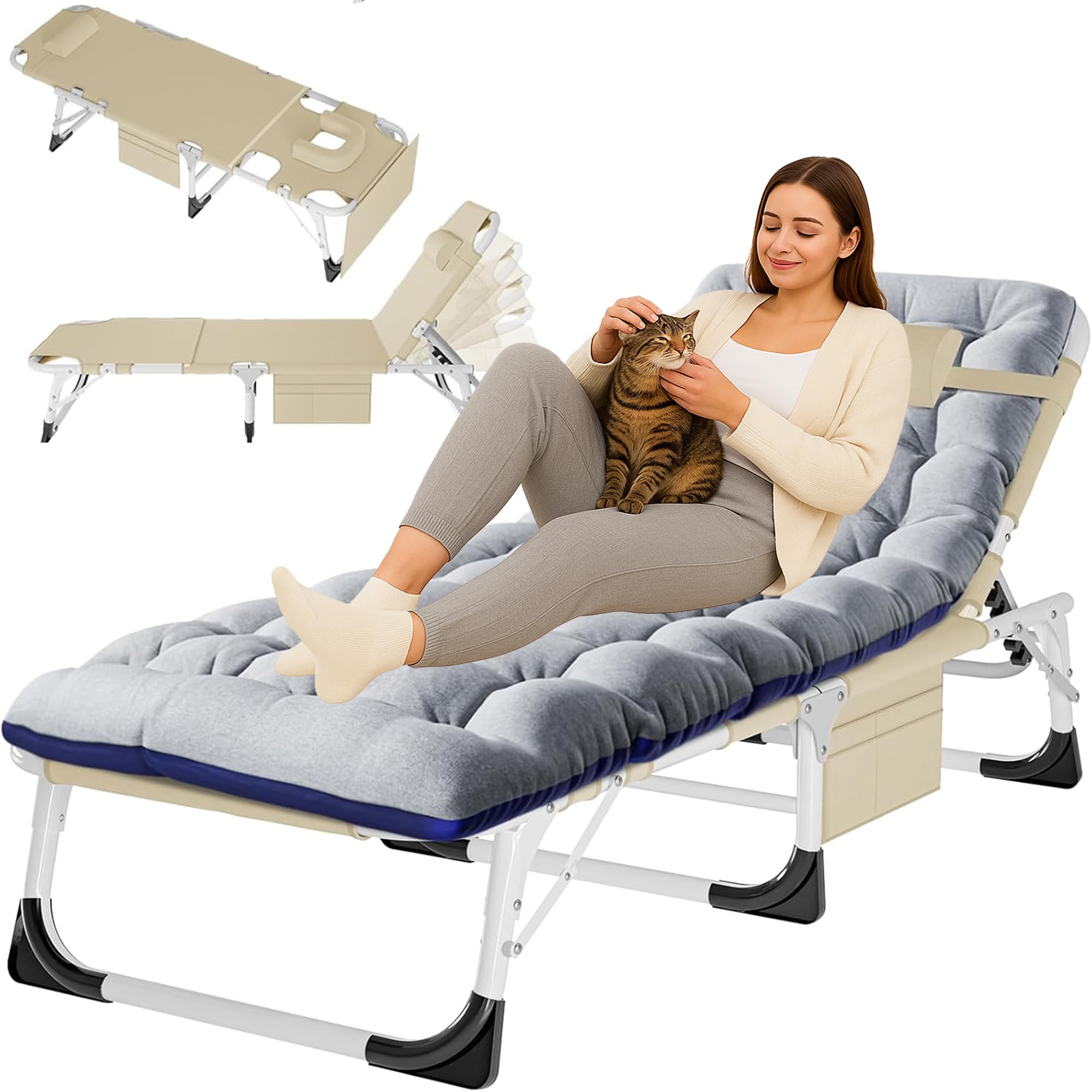 3-in-1 Padded Folding Lounge Chair, 440LB Adjustable Recliner Guest Bed for Patio Camping Office