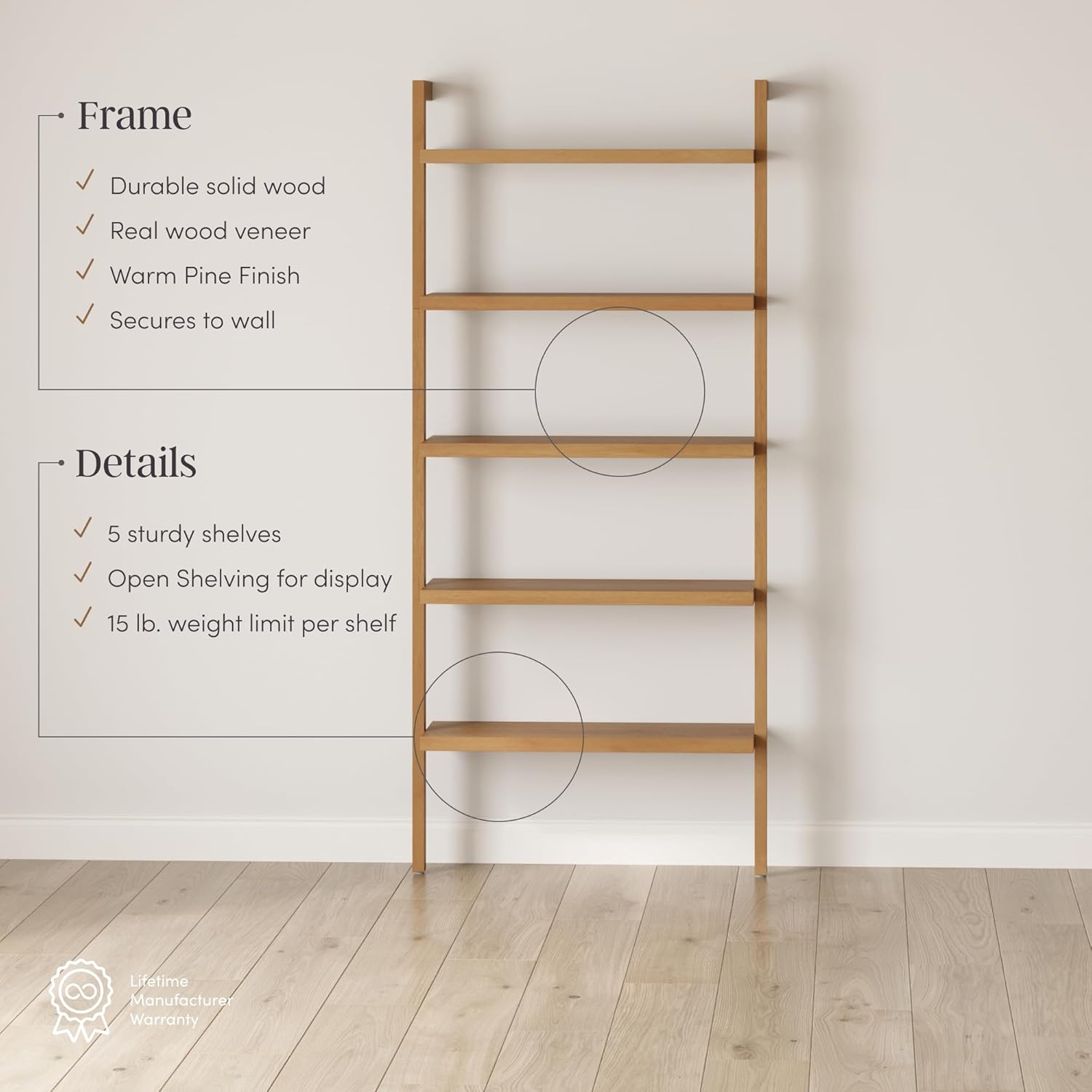 5-Tier Warm Pine Solid Wood Wall Mounted Bohemian Bookshelf