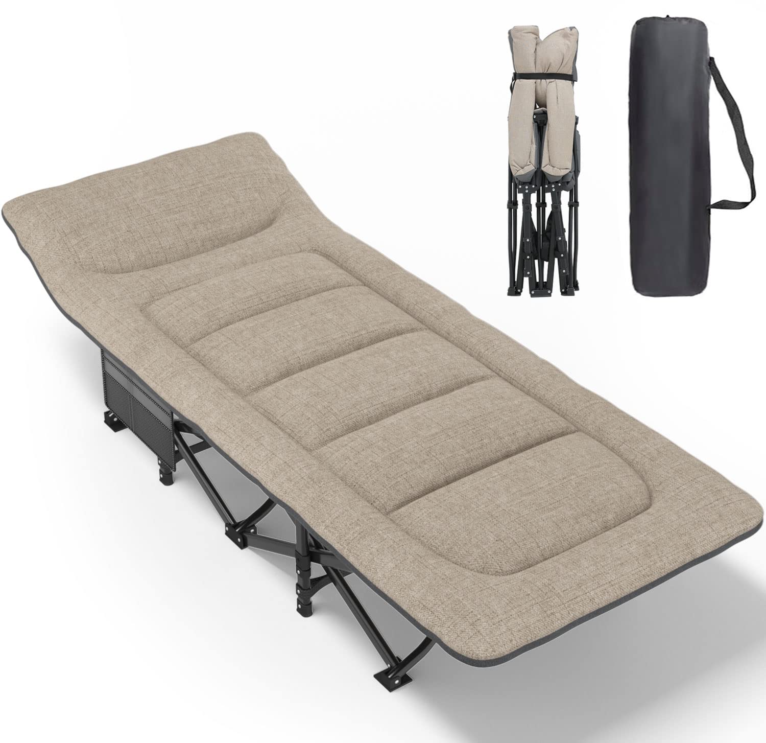 ATORPOK Camping Cot for Adults with Cushion and Pillow, Portable Folding Bed for Sleeping, Lightweight Tent cot with Carry Bag Supports 450 lbs (Grey)