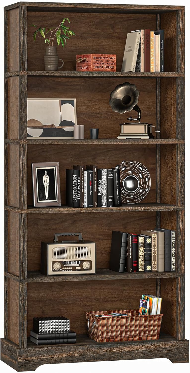 TVU 5-Tier Solid Wood Book Shelf, Floor Standing Bookcase, 65" H × 31.5" W × 11.8" D Bookshelf, Farmhouse Style Book Case with Arched Base, Suitable for Living Room, Study, Office, Walnut