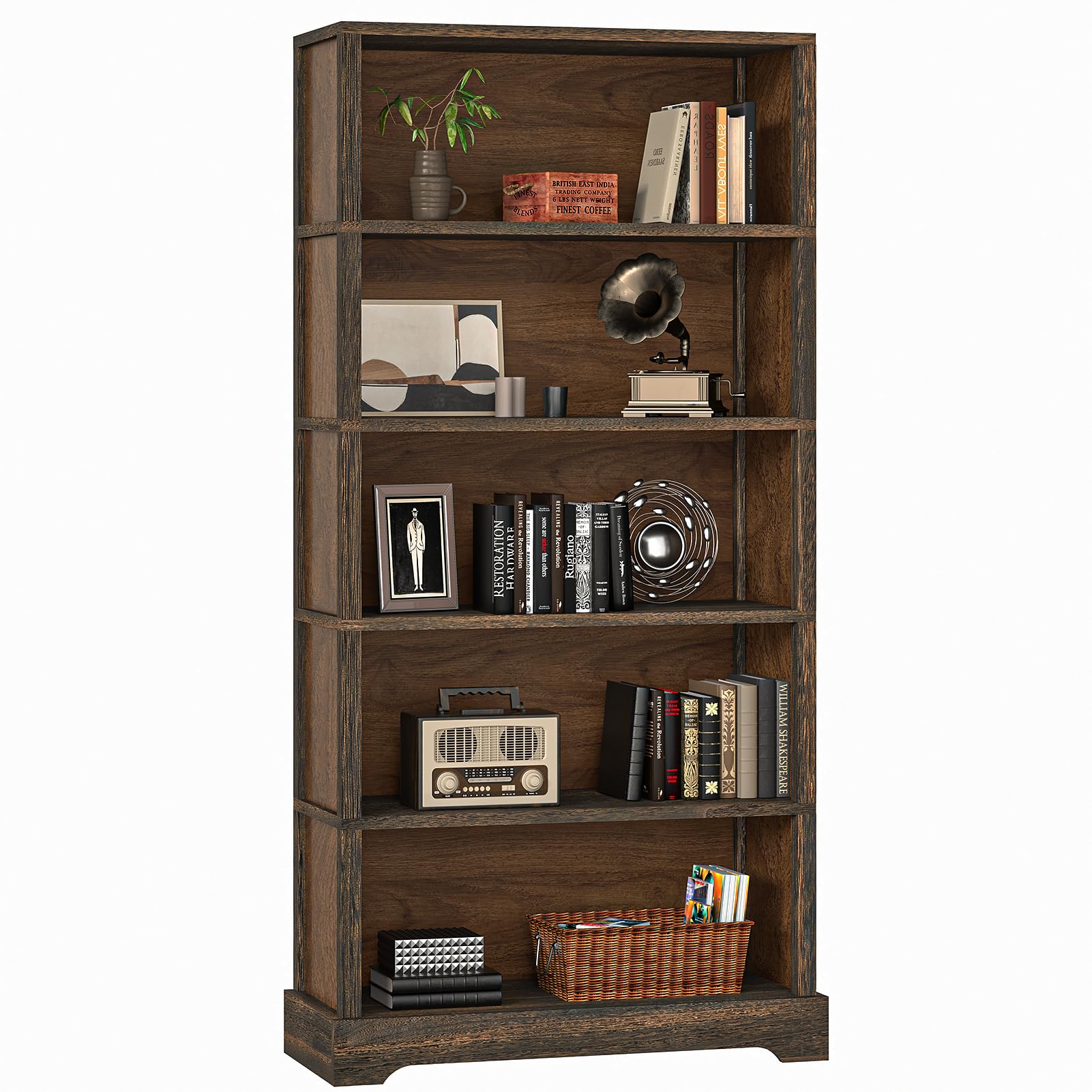 TVU 5-Tier Solid Wood Book Shelf, Floor Standing Bookcase, 65" H × 31.5" W × 11.8" D Bookshelf, Farmhouse Style Book Case with Arched Base, Suitable for Living Room, Study, Office, Walnut