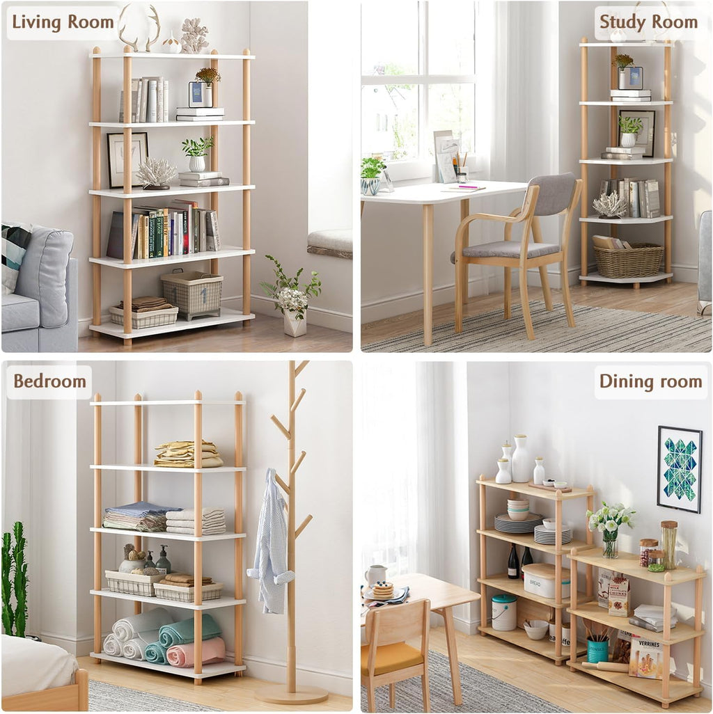 IOTXY 5-Tier Wooden Shelf Bookcase - Modern Open Bookshelf, Free Standing Storage Rack, Multifunctional Display Stand for Home and Office, Oak, Rectangle