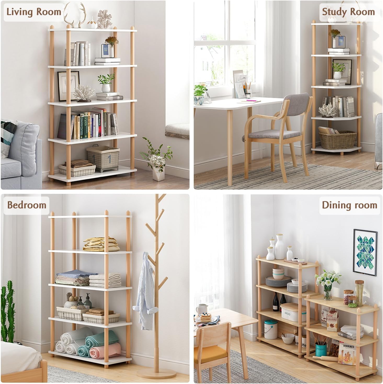IOTXY 5-Tier Wooden Shelf Bookcase - Modern Open Bookshelf, Free Standing Storage Rack, Multifunctional Display Stand for Home and Office, Oak, Rectangle