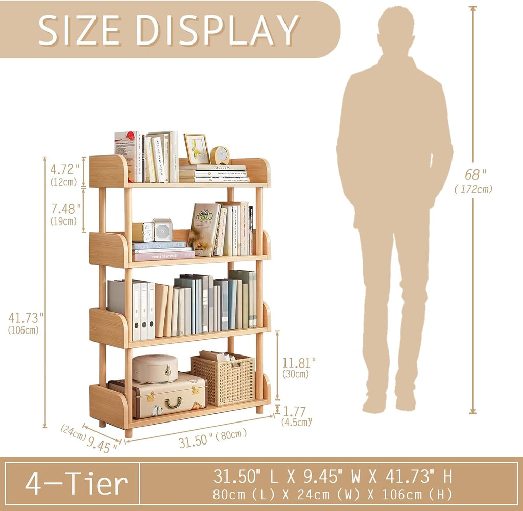OSCHF 4-Tier Wooden Open Bookcase - Modern Display Bookshelf with Top Edge and Solid Wood Frame for Home and Office, Storage Cabinet, Oak