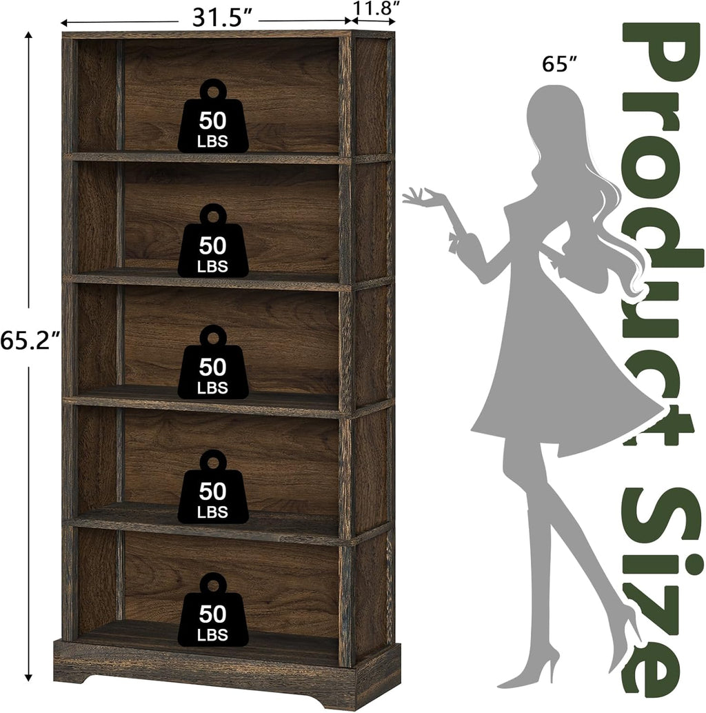 TVU 5-Tier Solid Wood Book Shelf, Floor Standing Bookcase, 65" H × 31.5" W × 11.8" D Bookshelf, Farmhouse Style Book Case with Arched Base, Suitable for Living Room, Study, Office, Walnut