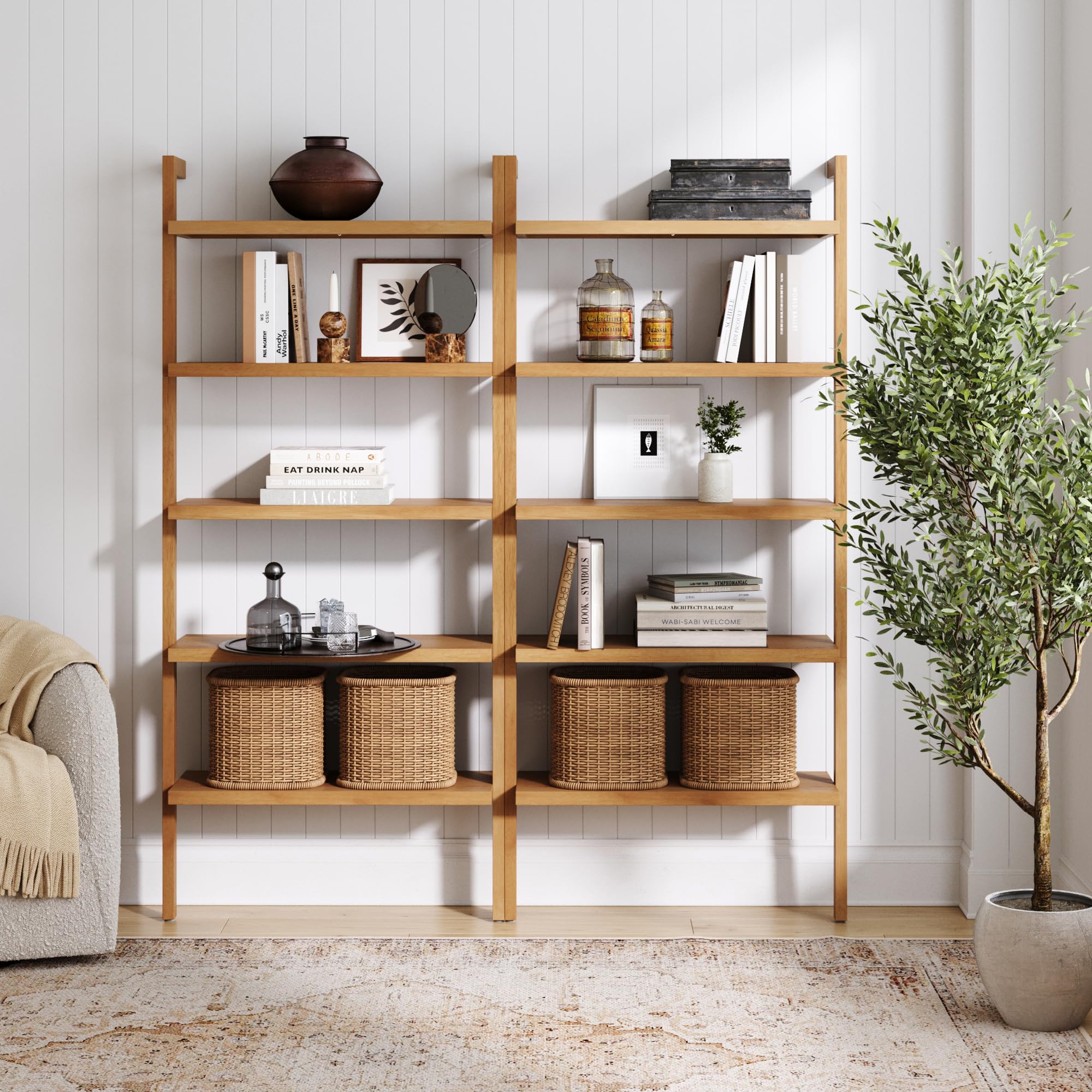 5-Tier Warm Pine Solid Wood Wall Mounted Bohemian Bookshelf