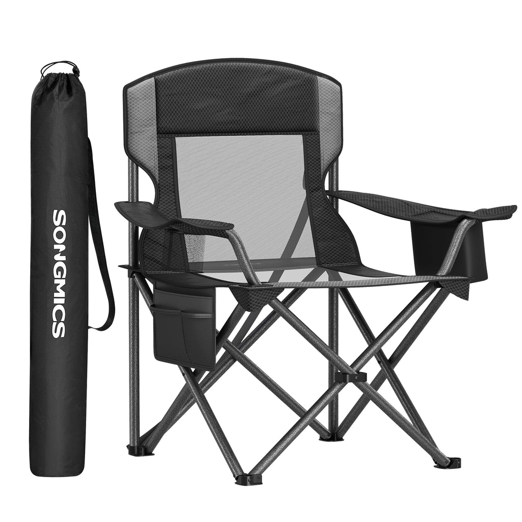 Set of 2 Black Foldable High Back Camping Chairs 330LB with Cup Holder