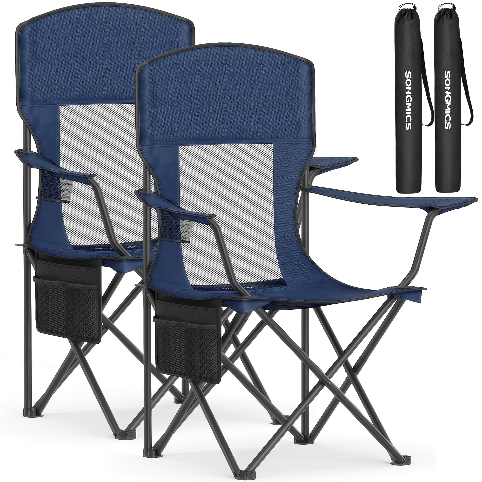 Set of 2 Black Foldable High Back Camping Chairs 330LB with Cup Holder
