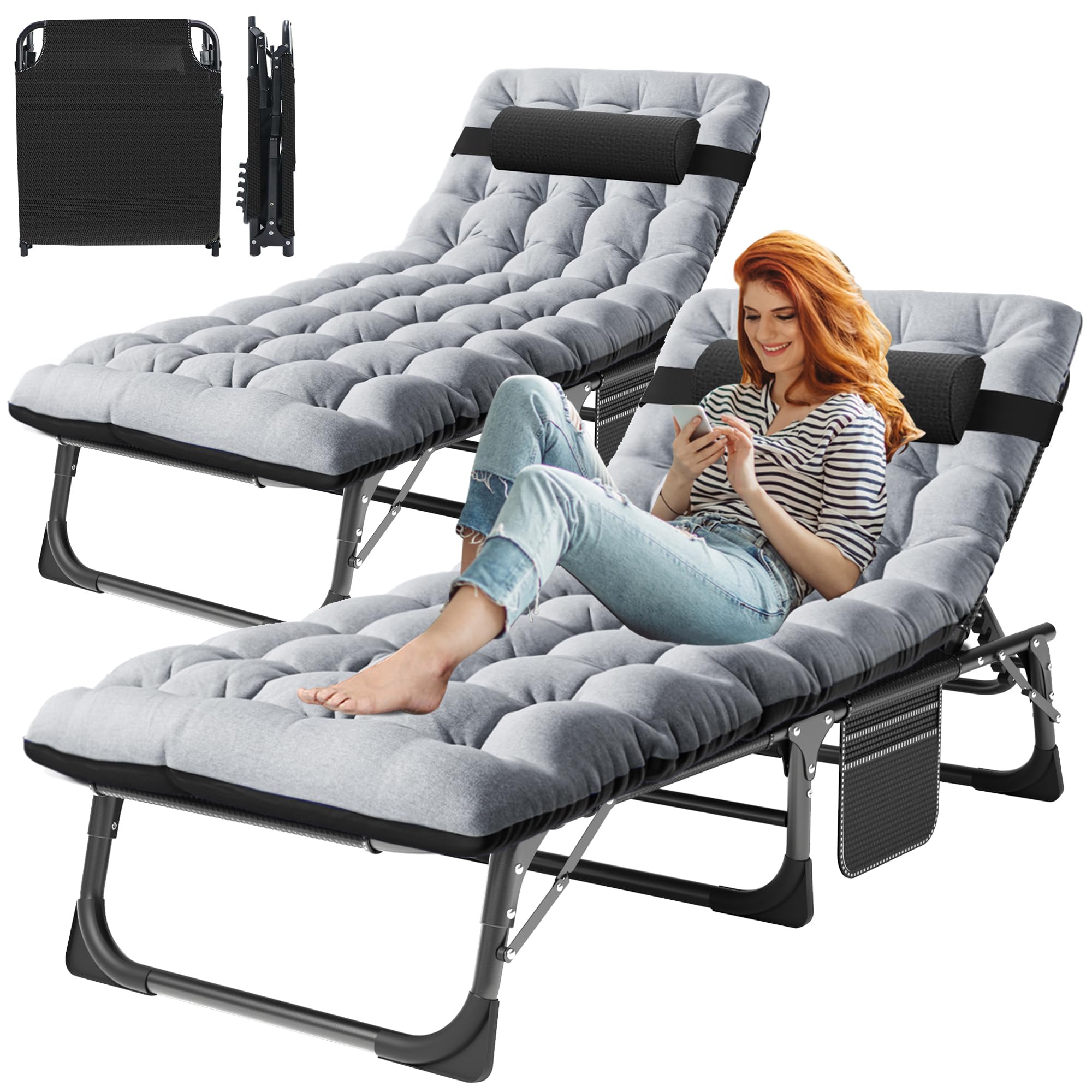 3-in-1 Padded Folding Lounge Chair, 440LB Adjustable Recliner Guest Bed for Patio Camping Office