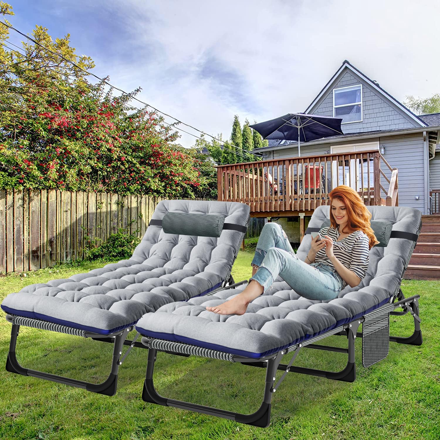 3-in-1 Padded Folding Lounge Chair, 440LB Adjustable Recliner Guest Bed for Patio Camping Office