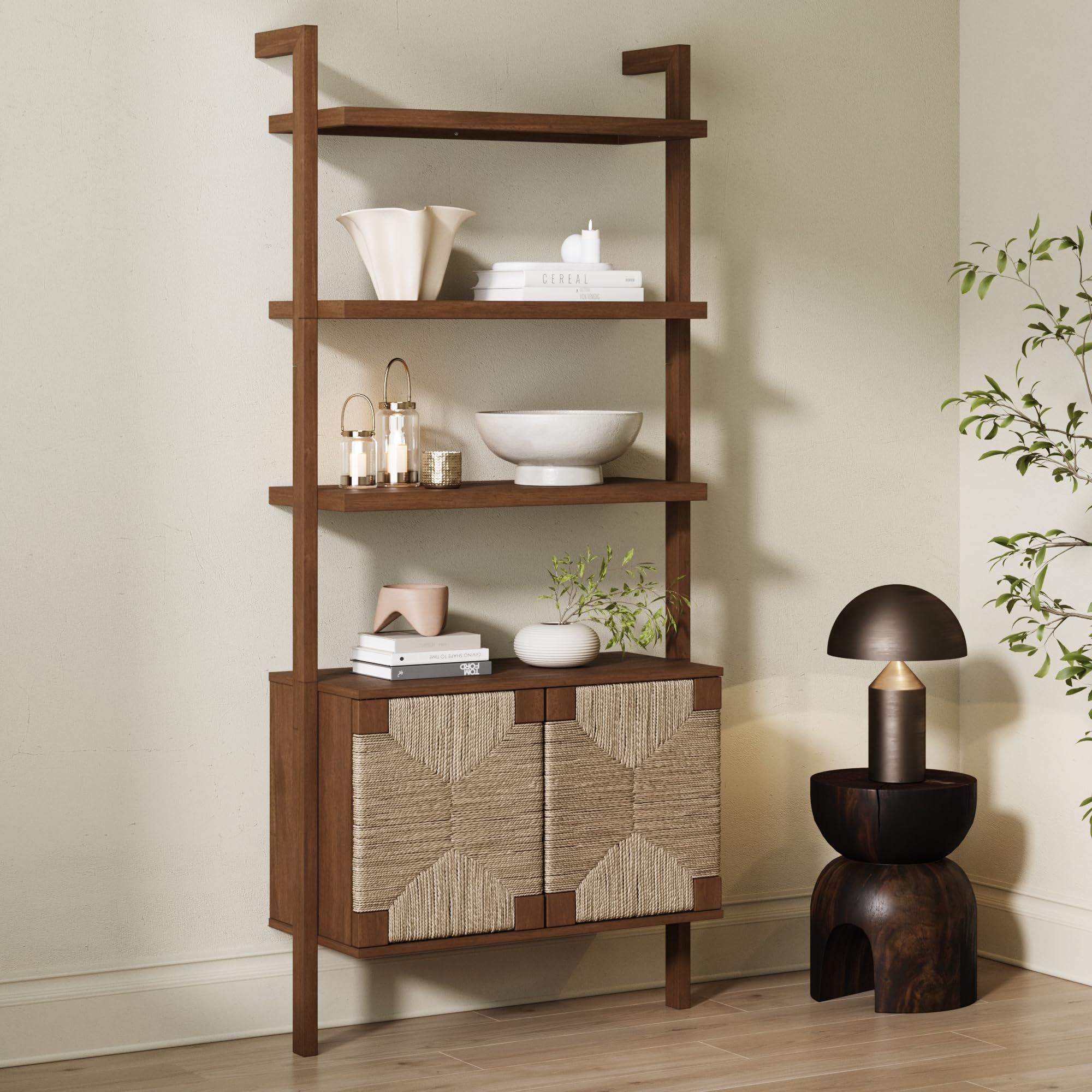 5-Tier Warm Pine Solid Wood Wall Mounted Bohemian Bookshelf