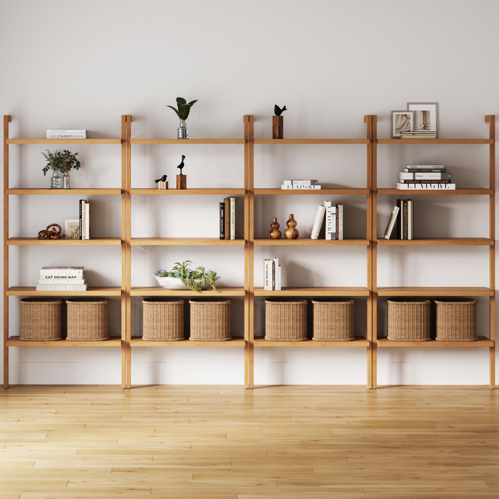 5-Tier Warm Pine Solid Wood Wall Mounted Bohemian Bookshelf