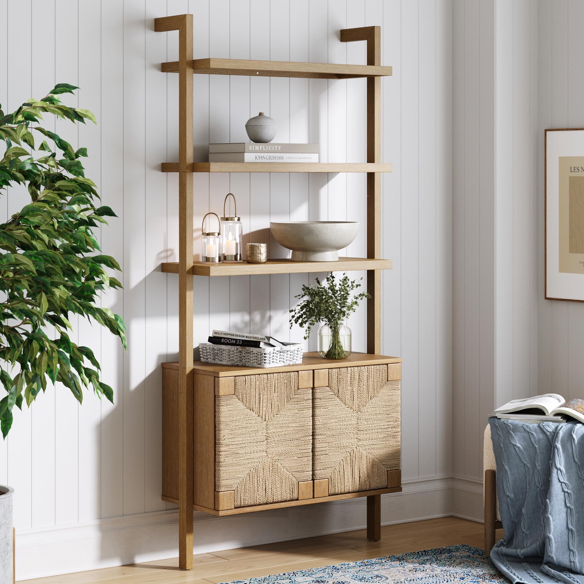 5-Tier Warm Pine Solid Wood Wall Mounted Bohemian Bookshelf
