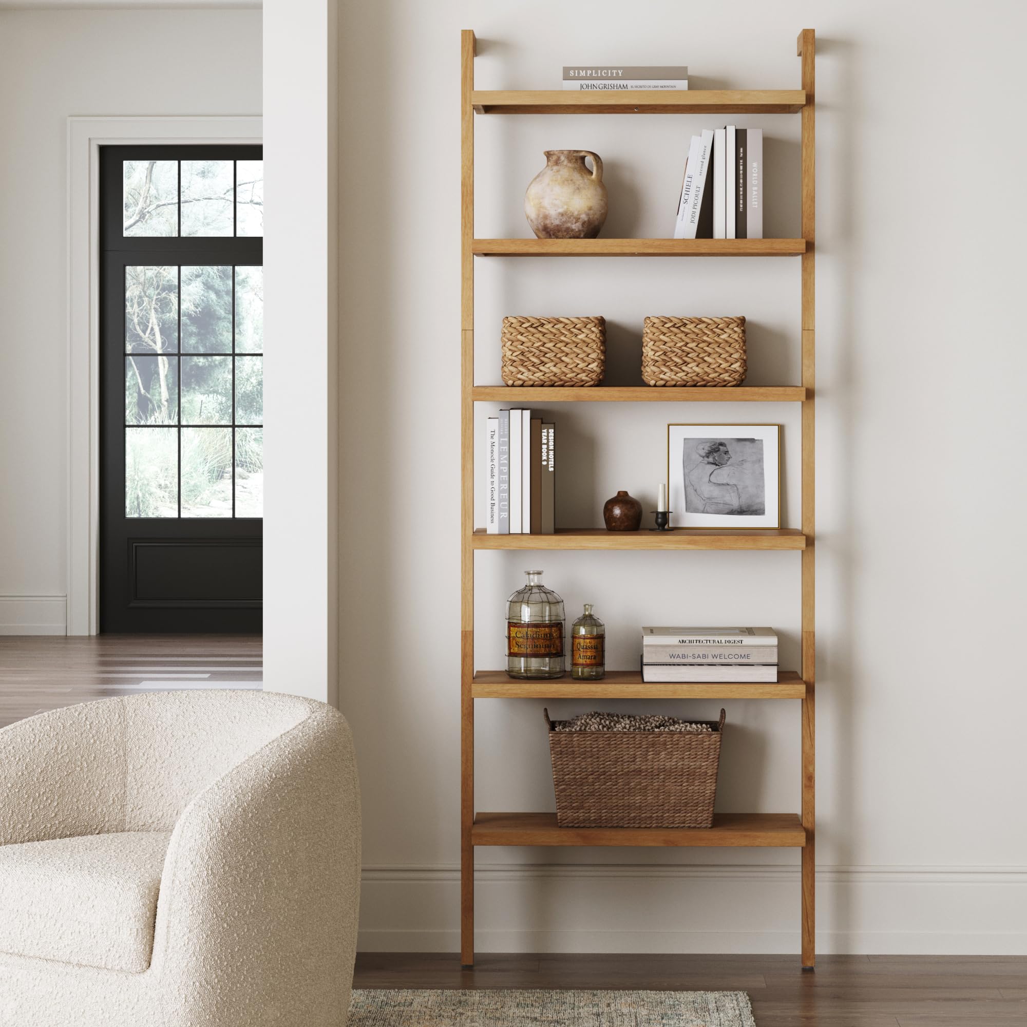 5-Tier Warm Pine Solid Wood Wall Mounted Bohemian Bookshelf