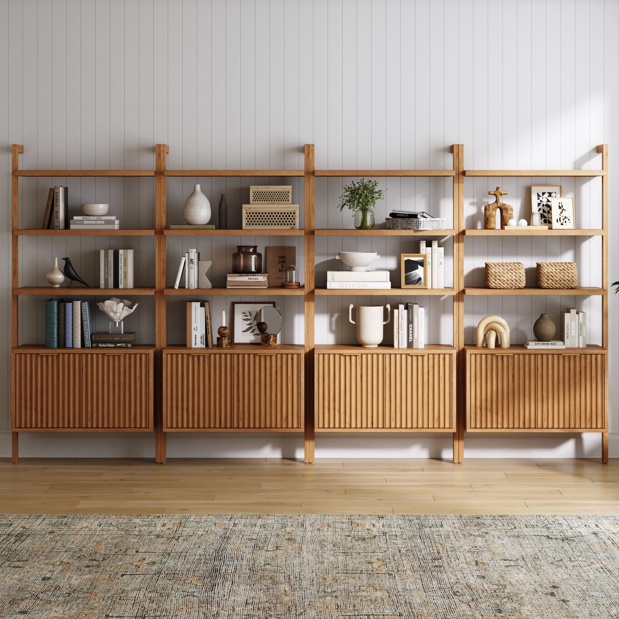 5-Tier Warm Pine Solid Wood Wall Mounted Bohemian Bookshelf