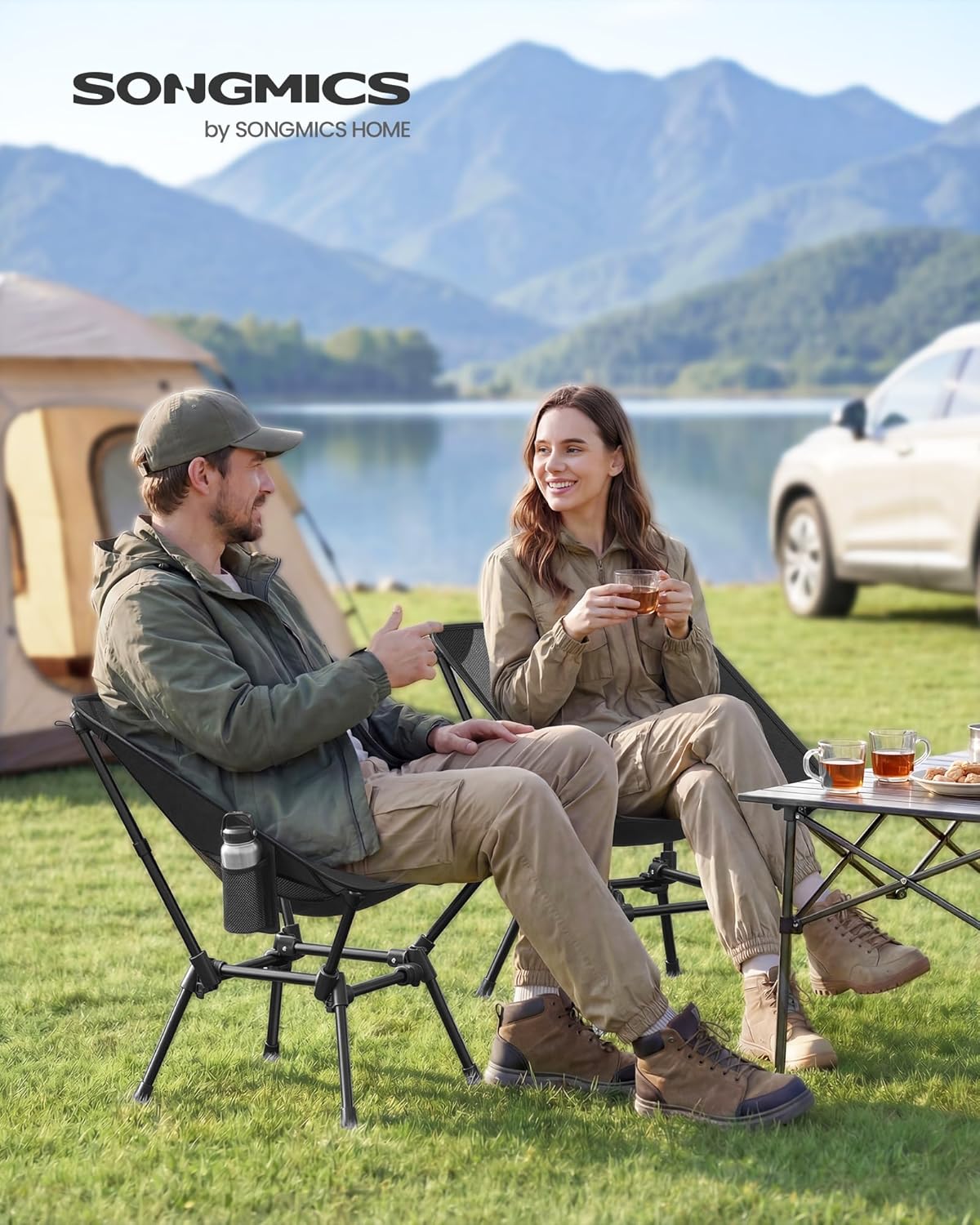 SONGMICS Camping Chair, Lightweight Folding Beach Chair, Adjustable Height, Steel Frame, Portable for Outdoor Travel