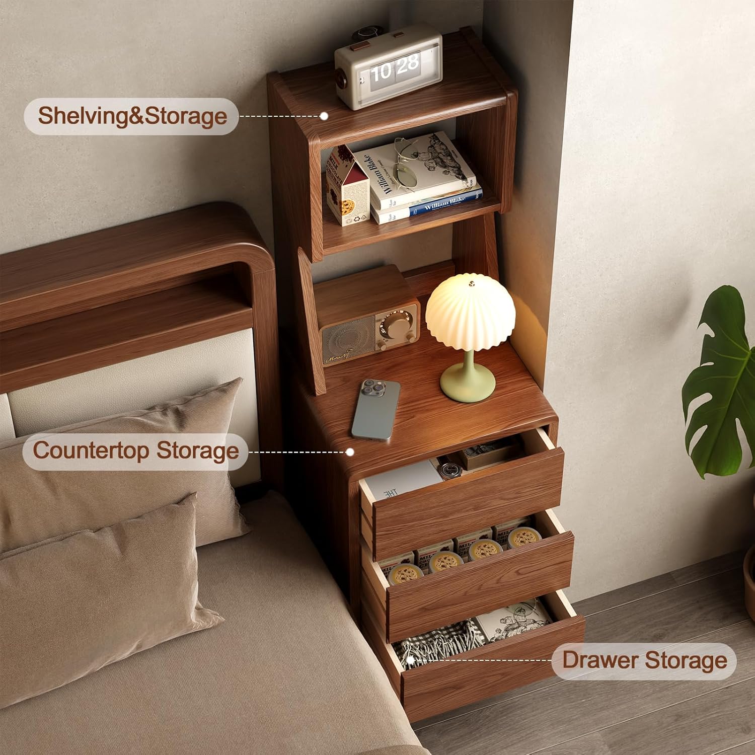 Solid Wood Bookshelf with Drawers,Narrow bookcase with Storage Shelves,Tall Nightstand with Drawers,Mid Century Modern Nightstand,Open Shelf Bookcase,Small Book Shelf for Bedroom,Living Room,Offices