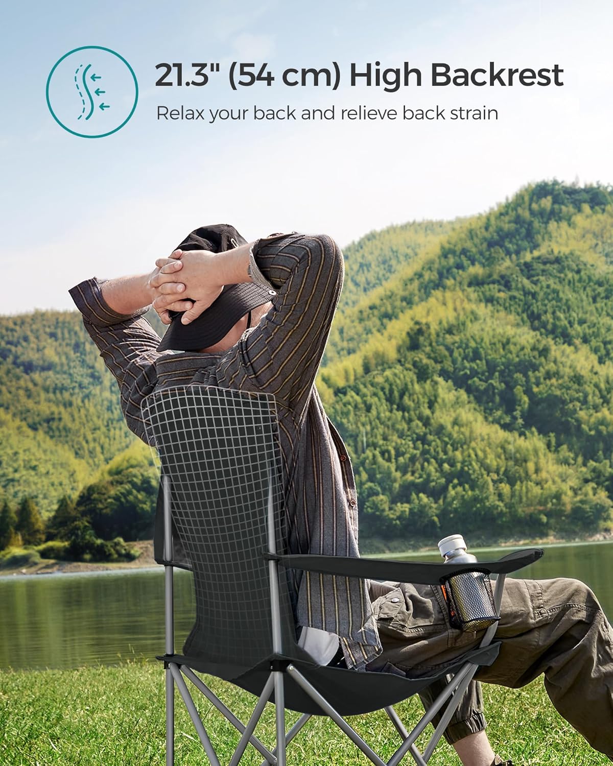 SONGMICS 2 Pack Folding Camping Chairs, 330 lb Capacity Folding Lawn Chairs, with Cup Holder, Heavy Duty Structure, for Garden, Fishing, Terrace, Black UGCB08BK