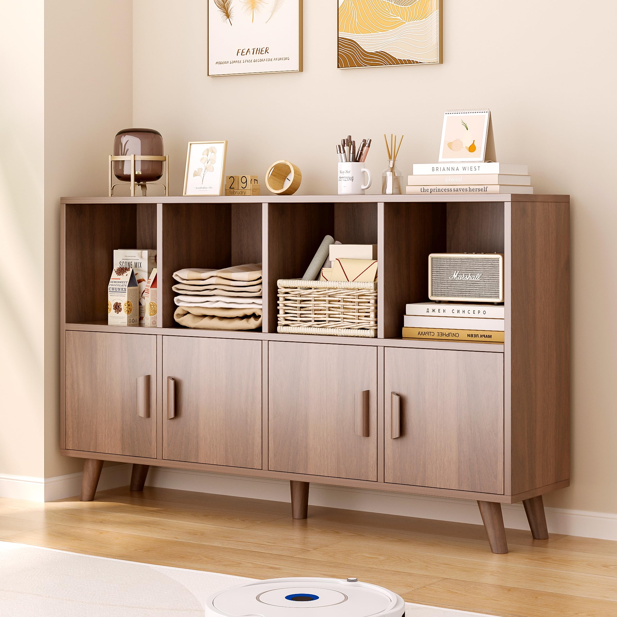 OSCHF Cubby Shelf Bookcase with Doors - Wooden 8 Cubes Floor Standing Open Bookshelf with Solid Wood Legs, 2-Tier Low Storage Cabinet, Walnut
