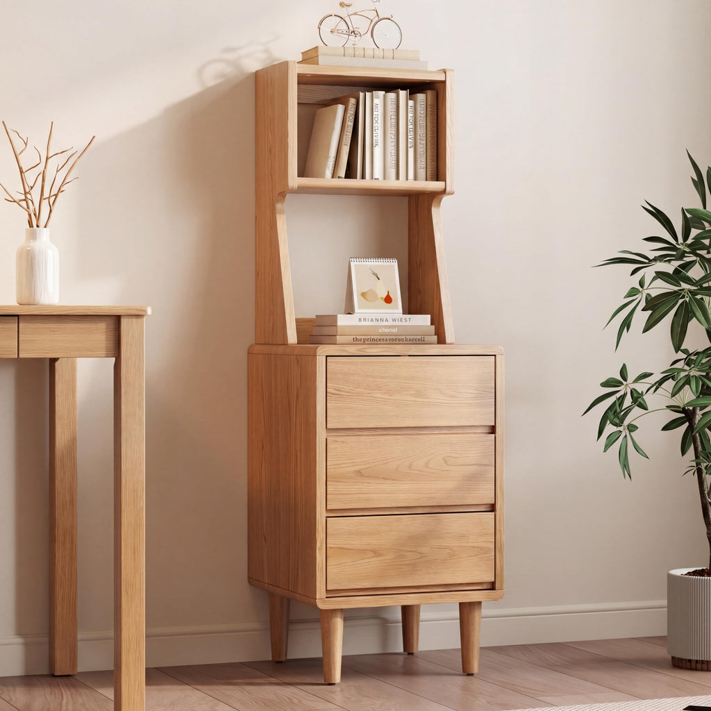Solid Wood Bookshelf with Drawers,Narrow bookcase with Storage Shelves,Tall Nightstand with Drawers,Mid Century Modern Nightstand,Open Shelf Bookcase,Small Book Shelf for Bedroom,Living Room,Offices
