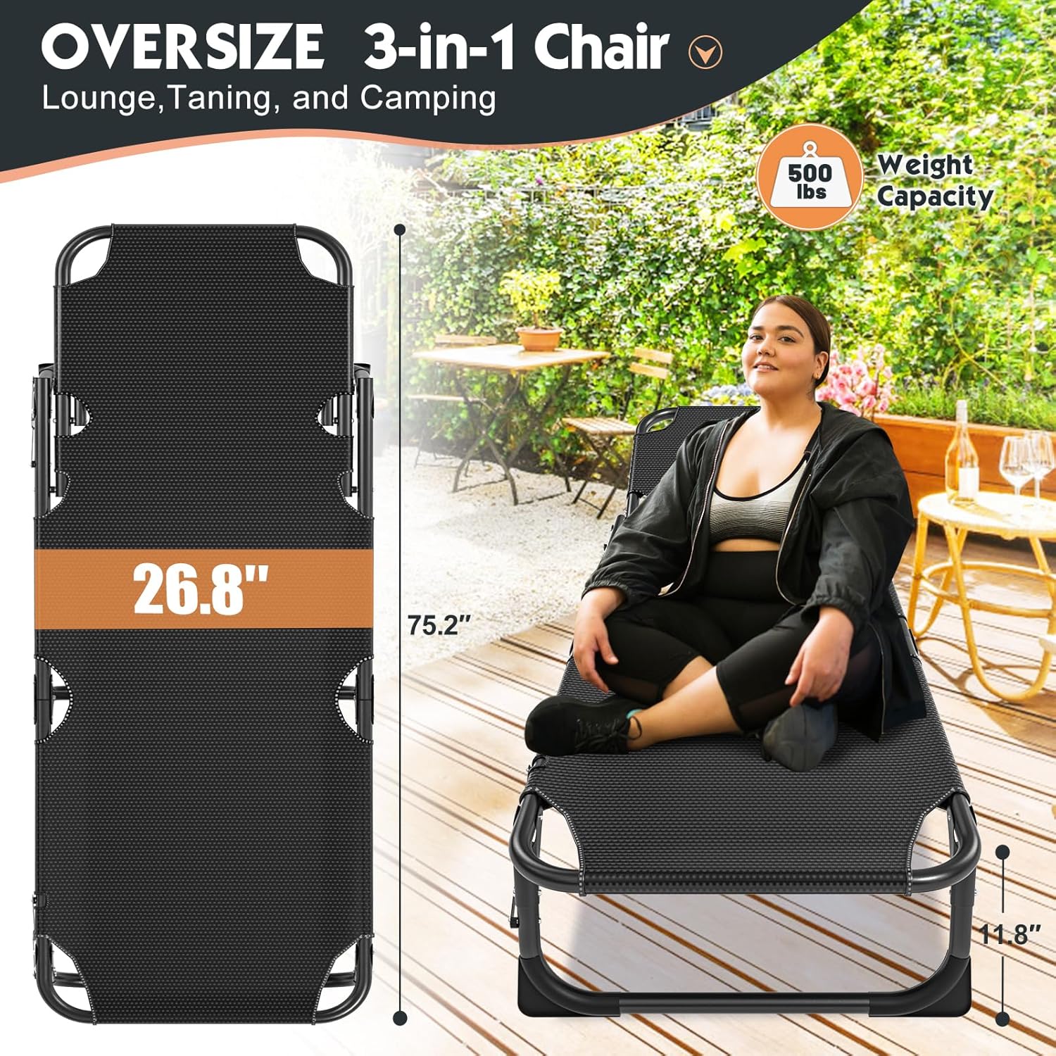 5-Position Folding Chaise Lounge Chair, Portable Outdoor Recliner for Beach Pool Patio