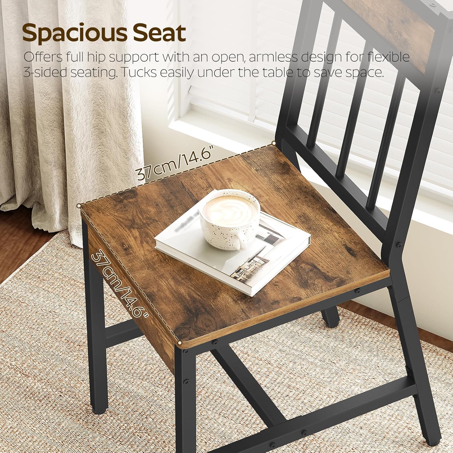 YATINEY Dining Chairs Set of 4, Industrial Kitchen Chairs with Metal Frame, Slanted Back, Wooden Dining Chair Set, for Kitchen, Living Room, Rustic Brown and Black CY03L4BR