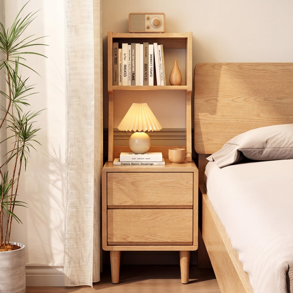 Solid Wood Bookshelf with Drawers,Narrow bookcase with Storage Shelves,Tall Nightstand with Drawers,Mid Century Modern Nightstand,Open Shelf Bookcase,Small Book Shelf for Bedroom,Living Room,Offices