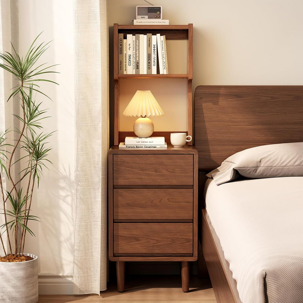 Solid Wood Bookshelf with Drawers,Narrow bookcase with Storage Shelves,Tall Nightstand with Drawers,Mid Century Modern Nightstand,Open Shelf Bookcase,Small Book Shelf for Bedroom,Living Room,Offices