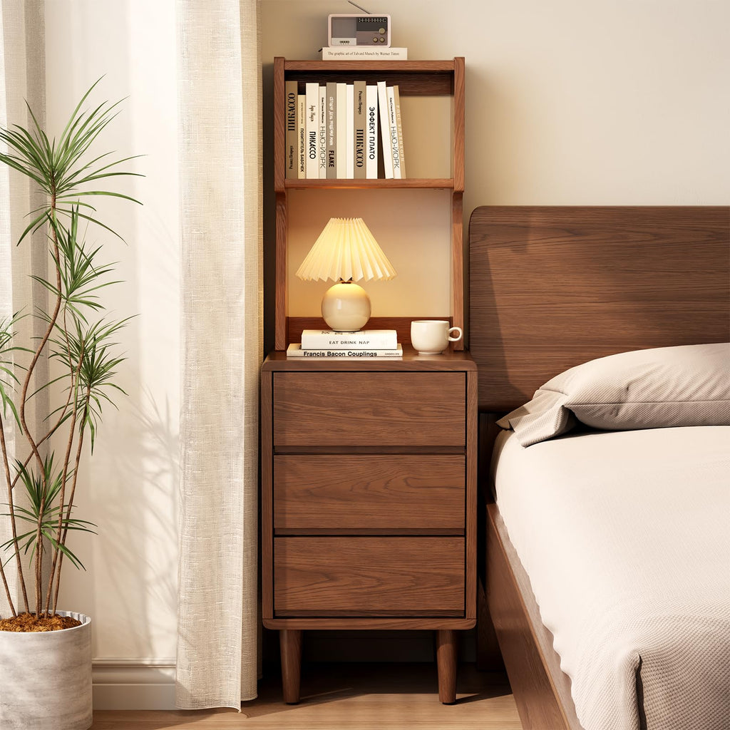 Solid Wood Bookshelf with Drawers,Narrow bookcase with Storage Shelves,Tall Nightstand with Drawers,Mid Century Modern Nightstand,Open Shelf Bookcase,Small Book Shelf for Bedroom,Living Room,Offices