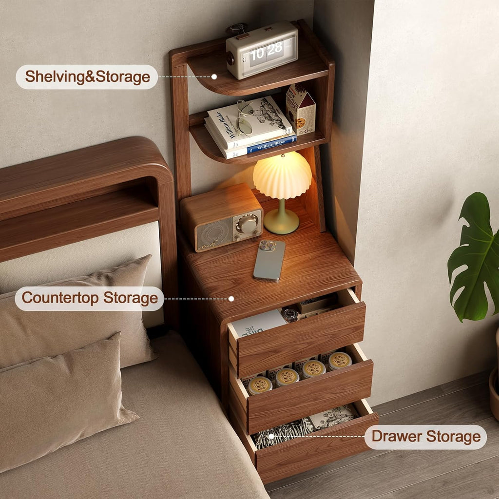 Solid Wood Bookshelf with Drawers,Narrow bookcase with Storage Shelves,Tall Nightstand with Drawers,Mid Century Modern Nightstand,Open Shelf Bookcase,Small Book Shelf for Bedroom,Living Room,Offices